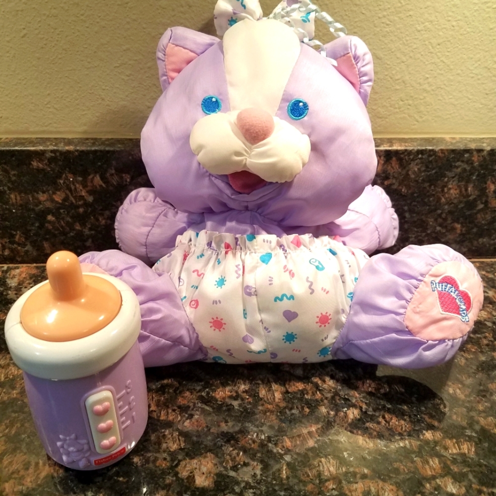 Vintage puffalump care for me kitty cat with bottle Fisher price puff a lump